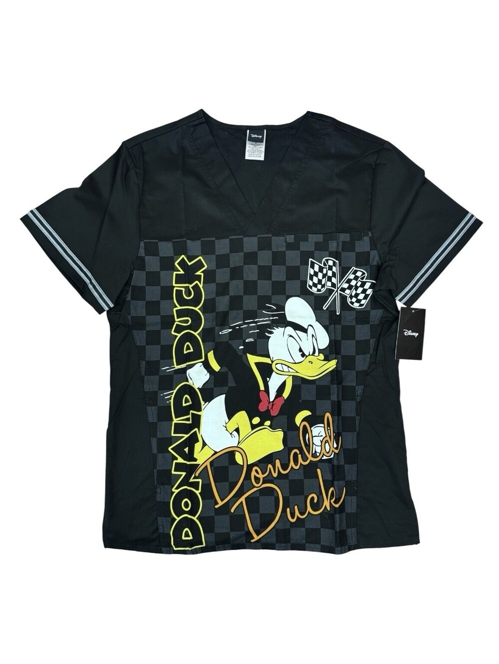 (RF) Disney Tooniforms Donald Duck Racing Scrub Top Black Size Small NWT V-Neck